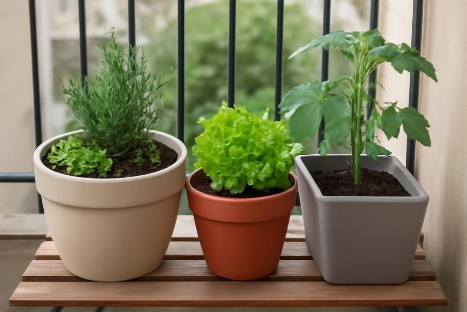 Three small containers on a balcony with different plants arranged to reduce maintenance