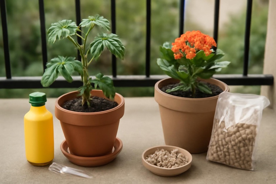Two container plants with fertilizer options, small pots on a balcony
