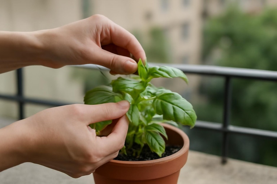 Hands pinching a basil stem over a small balcony pot