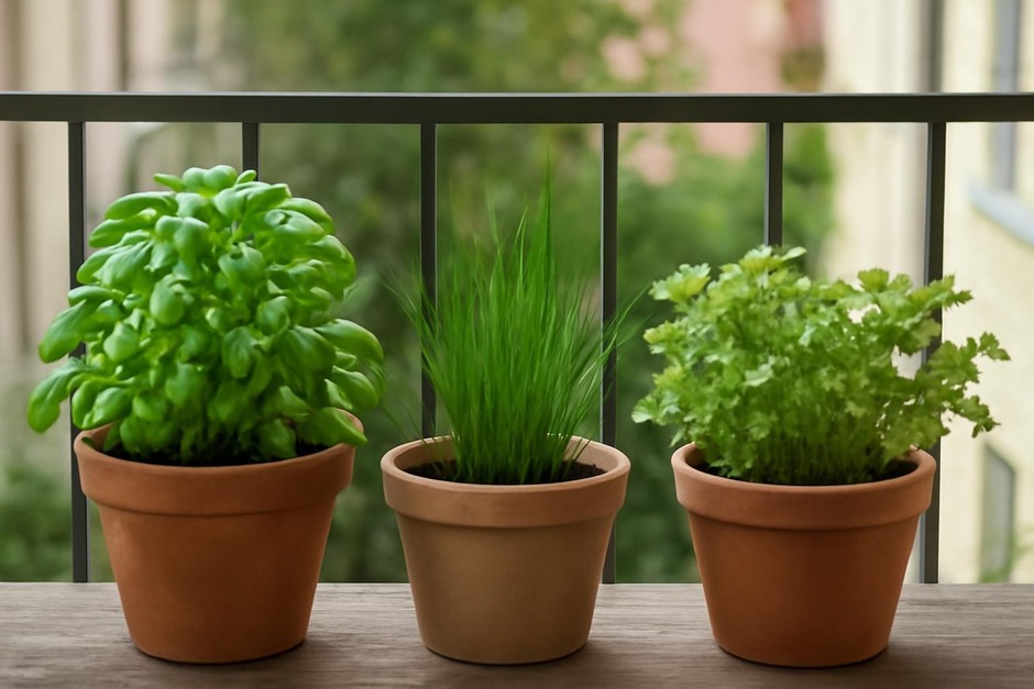 Small balcony herb containers with basil, chives, cilantro